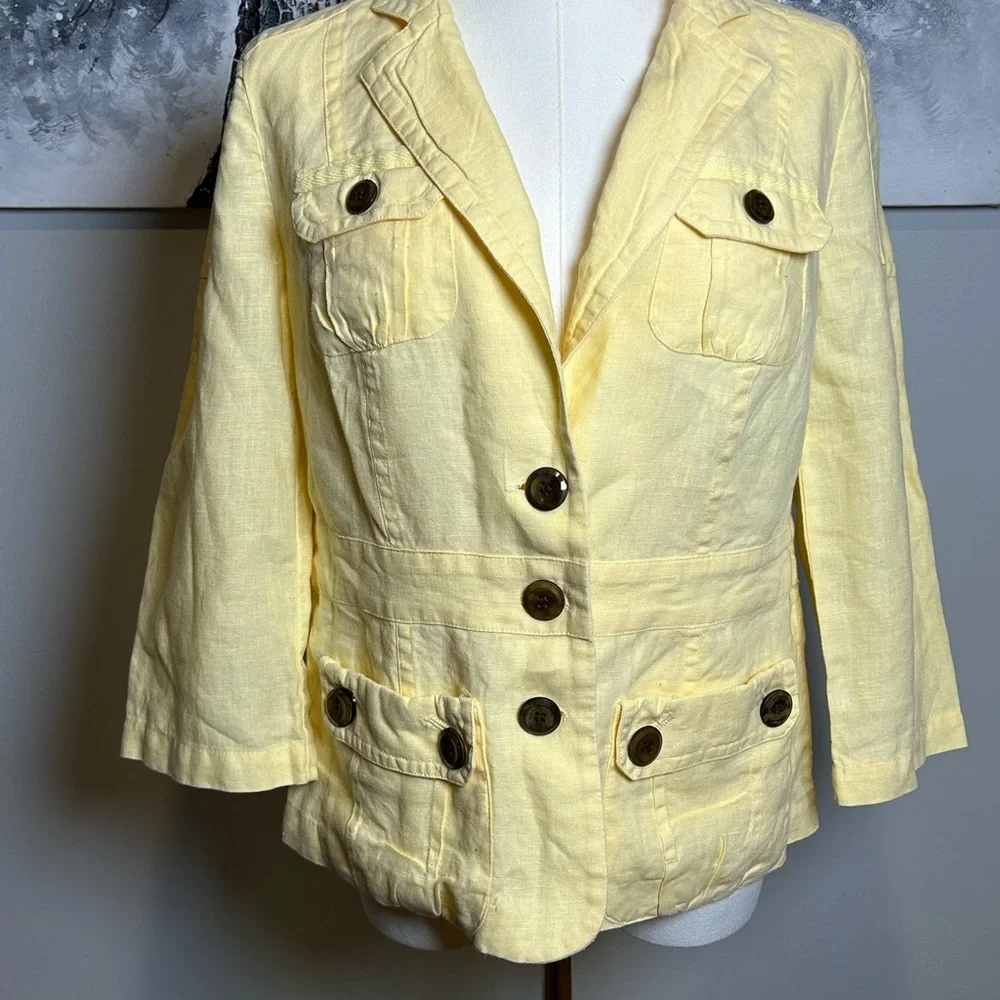 Chico's Yellow linen utility jacket Women's size 0 button front lightweight